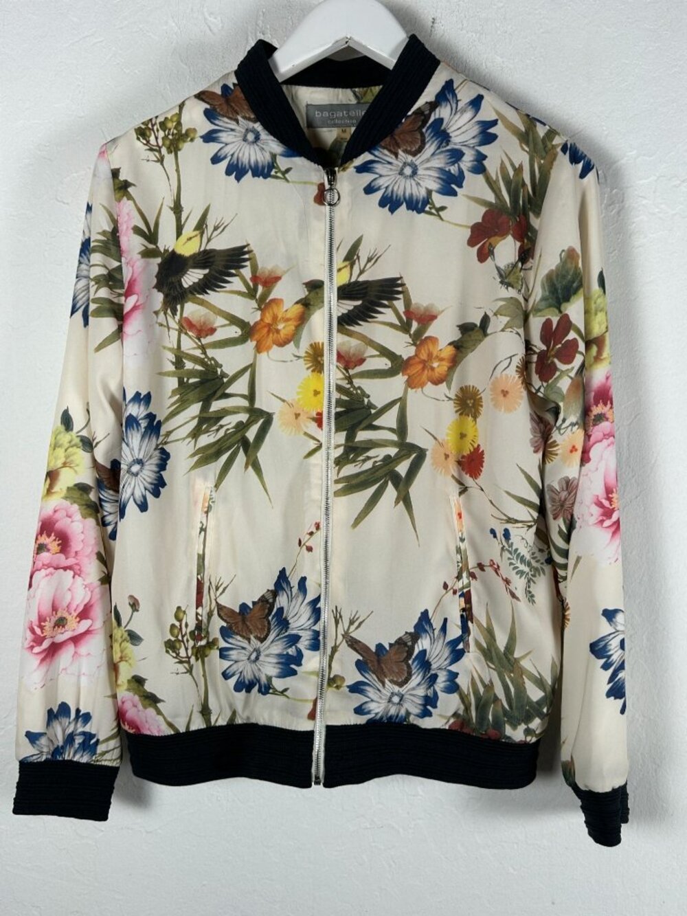 Bagatelle Collection Womens Floral Bird Print Bomber Jacket Medium Zip Up Multi